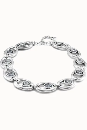 UNO de 50 Collier plaqué argent avec de grands maillons ovales avec cristal gris verdâtre et argent