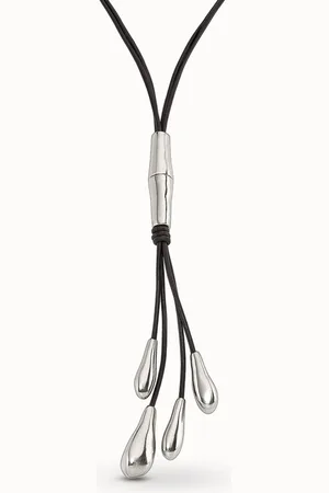 UNO de 50 Collier long en cuir plaqué argent avec 2 tubulures et 4 lanières avec gouttes