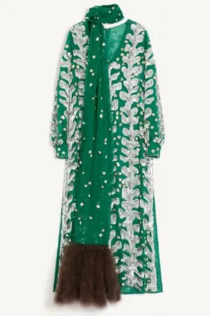 VALENTINO ROBE EN ORGANZA BRODÉE ET À FRANGES DE PLUMES Femme / 38