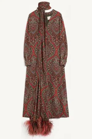 VALENTINO ROBE MI-LONGUE EN GEORGETTE À IMPRIMÉ CASHMERE VOYAGE IMAGINAIRE ORNÉE DE PLUMES Femme / 36