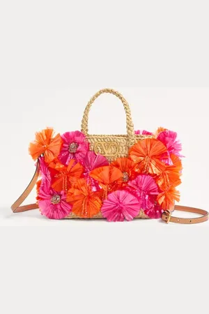 VALENTINO GARAVANI PETIT CABAS EN RAPHIA ORNÉ DE FLEURS ET DE PERLES Femme / UNI