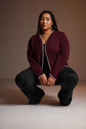 Yours Cardigan Bordeaux En Maille Bordures Contrastées , Women