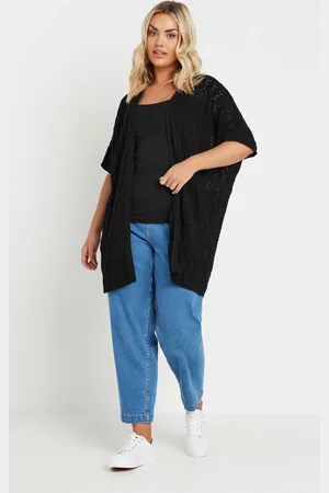 Yours Cardigan Fine Maille Noir Manches Courtes Design Crochet , Women