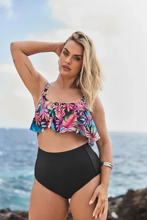 Yours Haut De Bikini Noir & Rose Tropical Volanté