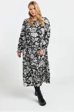 Yours Robe Noire & Blanche Floral Midaxi En Jersey , Women