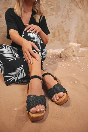Yours Sabots En Bois Noirs Plateformes Effet Raffia Pieds Larges E
