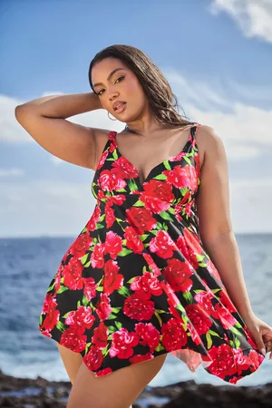 Yours Robe De Bain Noire Floral Rouge Ourlet Roulanté