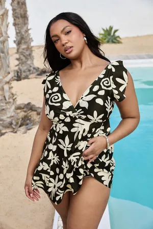 Yours Robe De Bain Noire & Beige Abstrait Floral