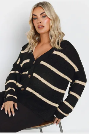 Yours Cardigan Noir & Crème À Rayures Manches Longues , Women