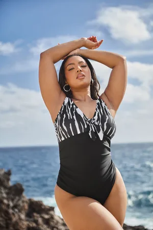 Yours Curve Abstract Print Detail Tie Front Swimsuit
