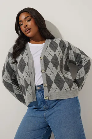 Yours Cardigan Gris En Maille Design Carreaux, Women