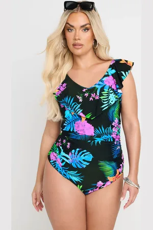 Yours Curve Tropical Palm Print Frilled Premium Swimsuit