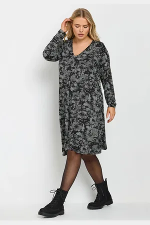 Yours Robe Midi Noire Design Floral Plissé, Women