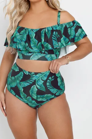 Yours Bas De Bikini Noir & Vert Tropical Taille Haute