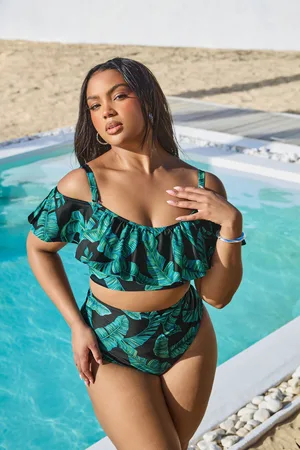 Yours Haut De Bikini Noir & Vert Tropical Bardot Volanté