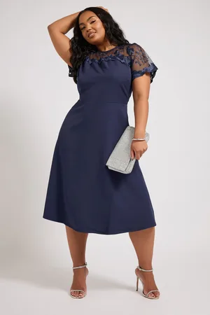 Yours Robe Midi Bleue Marine Encolure Brodée Floral , Women