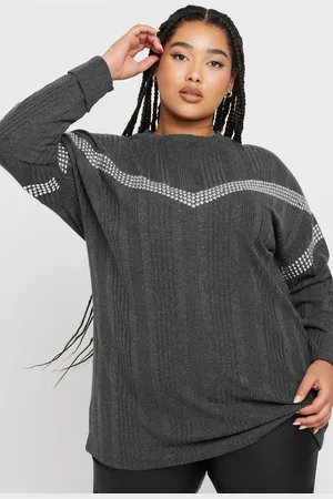 Yours Pull Gris Charbonneux Nervuré Zig Zag Cloutés , Women