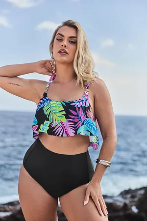 Yours Haut De Bikini Rose & Noir Design Feuilles Tropicales