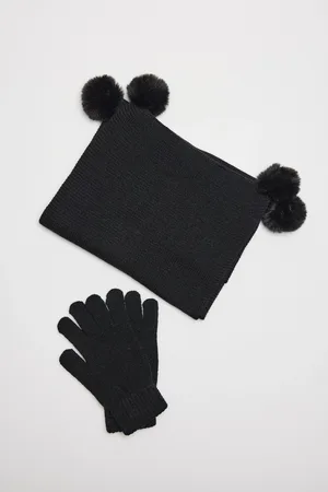 YSABEL MORA Ensemble écharpe et gants noirs à pompons